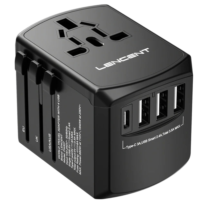 Universal Travel Adapter All-In-One Travel Charger with 3 USB Ports and 1 Type C Wall Charger for US EU UK AUS Travel